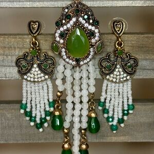 Beautiful Vintage Visson Necklace and Earring Set Green and White